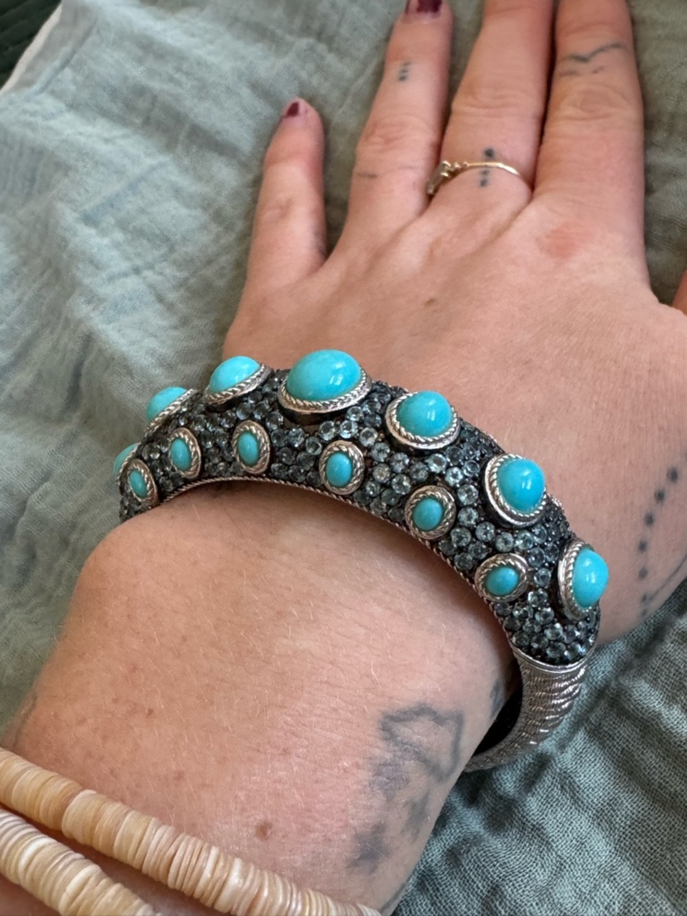 Judith Ripka Turquoise, blue topaz and Sterling silver Cabochon Cuff Bracelet - Picture 9 of 16